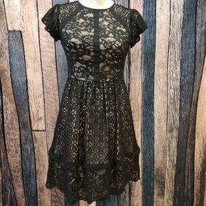 Aidan Cap-Sleeve Black Lace Over Nude Lined Dress
